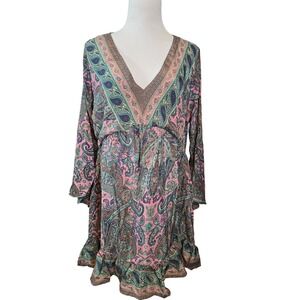 White Waves Boho Paisley‎ Print V Neck Ruffle Dress Long Sleeve Women's S